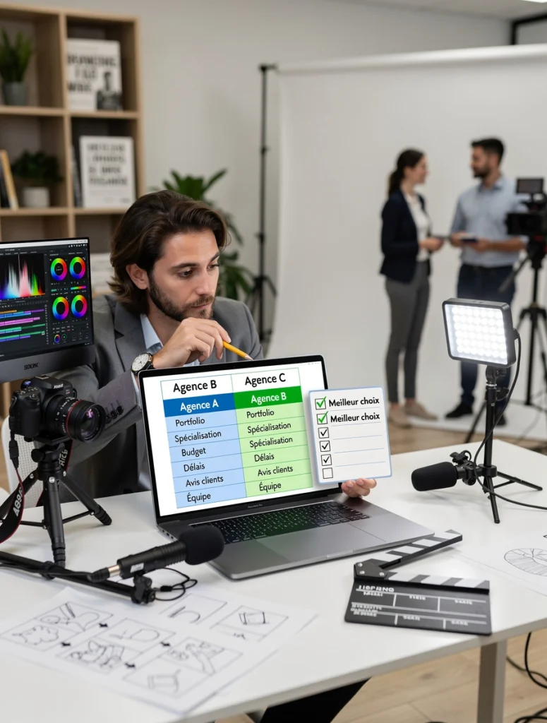 un homme compare les offres de deux agences de production audiovisuelle